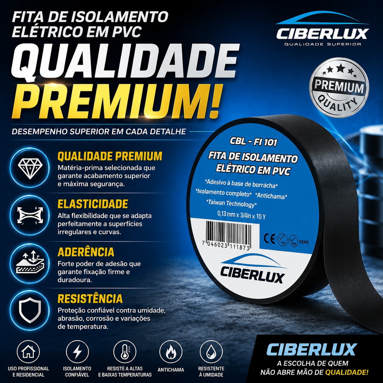Fita isolante elétrica em PVC Ciberlux — qualidade premium, elasticidade, aderência e resistência